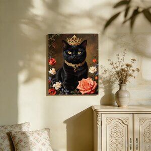 Royal Black Cat, Built-in Back Wood Frame, Wall Decor, 36Lx24W